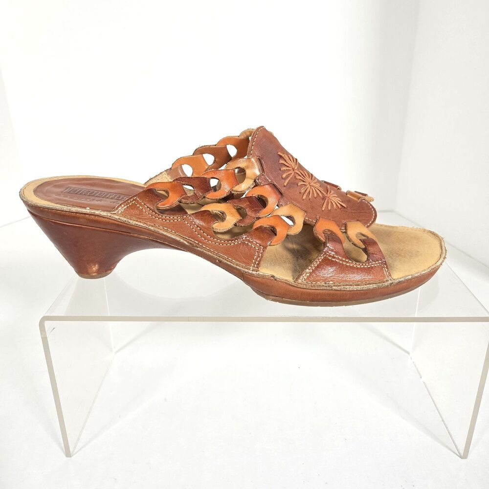 VTG Pikolinos Women's Leather Sandals Size EU 39 US 8.5 Brown Chain Link Mule